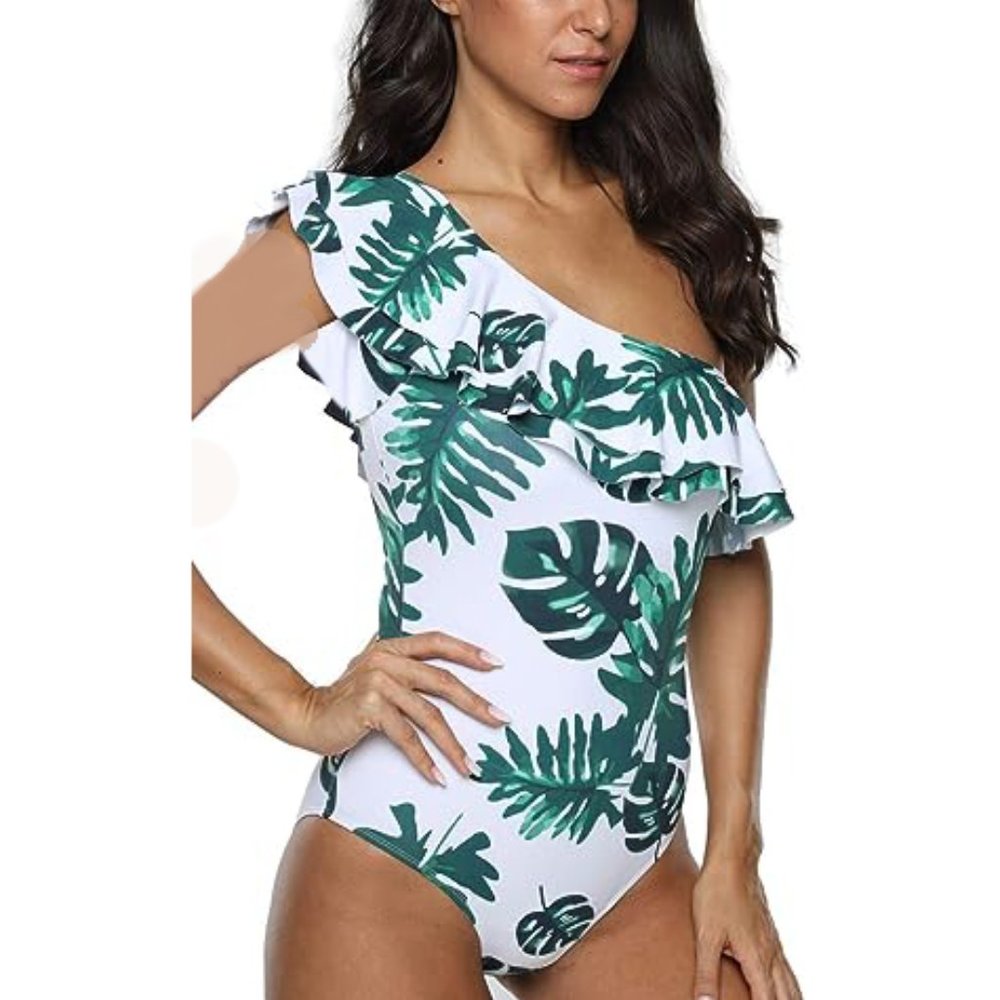 WHITE LEAF PRINT ONE SHOULDER RUFFLE ONE PIECE SWIMSUIT